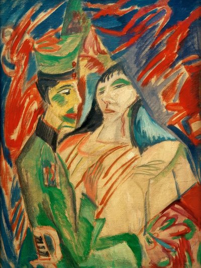 Soldat og pige mellem farverige gardiner af Ernst Ludwig Kirchner