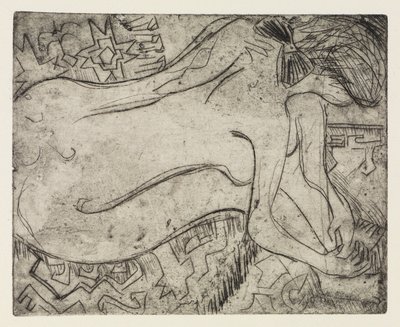 Wannsee ved Potsdam med motorbåd/Nøgen kvinde under pedicure af Ernst Ludwig Kirchner
