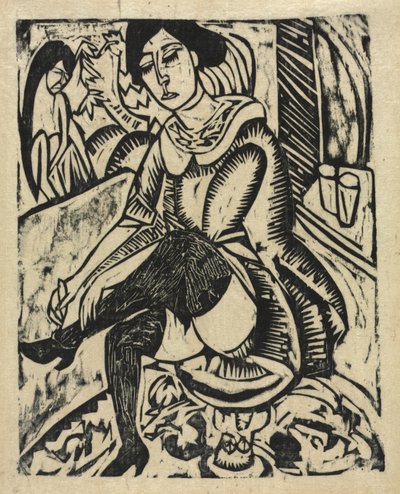 Kvinde tager sine sko på af Ernst Ludwig Kirchner