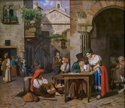 En romersk skriver læser et brev til en ung kvinde af Ernst Meyer