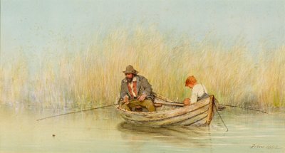 Studie af en mand og en dreng, der fisker fra en båd af Erskine Nicol