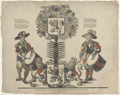 Træ med to våbenskjolde, en tambur på hver side af Erven Weduwe Gijsbert de Groot