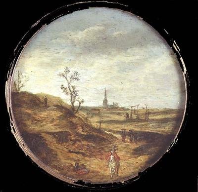 Et vidtstrakt landskab med rejsende på en vej af Esaias II van de Velde