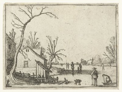 Gård ved frossen flod og skatere på isen Små landskaber (serietitel) af Esaias van de Velde