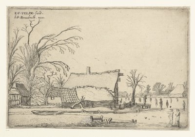 Gård ved frossen flod med skatere Landskabslandskaber (serietitel) af Esaias van de Velde