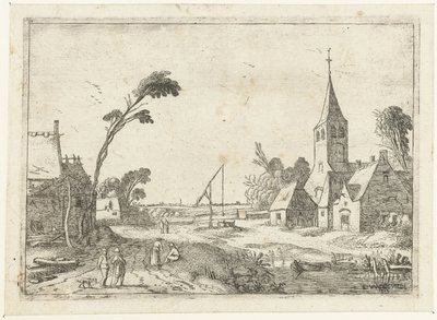 Landsbyudsigt med gårde, kirke og brønd Landskabslandskaber (serietitel) af Esaias van de Velde