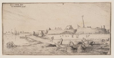 Fiskere i robåde foran en befæstet by, fra Landskaber af Esaias van de Velde