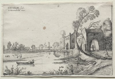 Landskab med en flod og et porthus af Esaias van de Velde