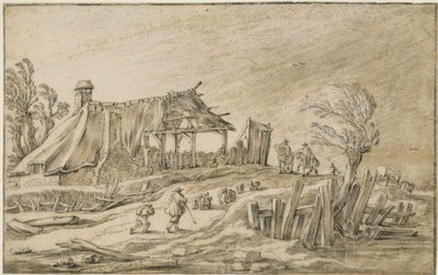 Landevej med fåreflok og ryttere i regnstorm af Esaias van de Velde