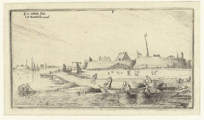 Robåde med fiskere foran en fæstning ved Schelde Landskaber (serietitel) af Esaias van de Velde