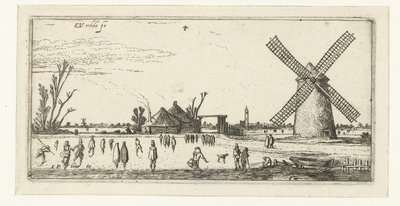 Skatere på isen ved en mølle nær Penningsveer Landskaber (serietitel) af Esaias van de Velde