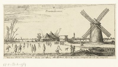 Skatere på isen ved en mølle nær Penningsveer Landskaber (serietitel) af Esaias van de Velde