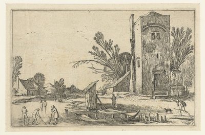 Firkantet tårn ved en frossen flod med kolbespillere Landskabslandskaber (serietitel) af Esaias van de Velde