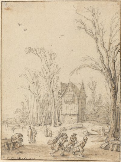 Landsbyboere, der skøjter på en frossen dam af Esaias van de Velde