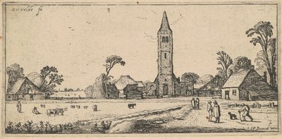 Landskab med en eng og en landsbykirke af Esaias van de Velde I