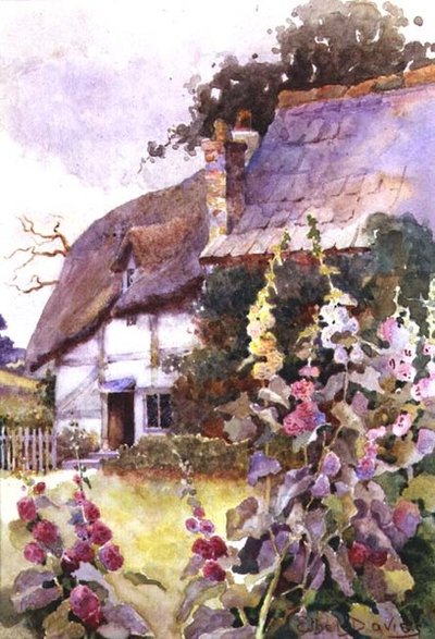 Stokroser udenfor et stråtækt sommerhus (akvarel) af Ethel Davies