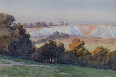 Coulsdon Quarry fra Farthing Downs (wc på papir) af Ethel Hall