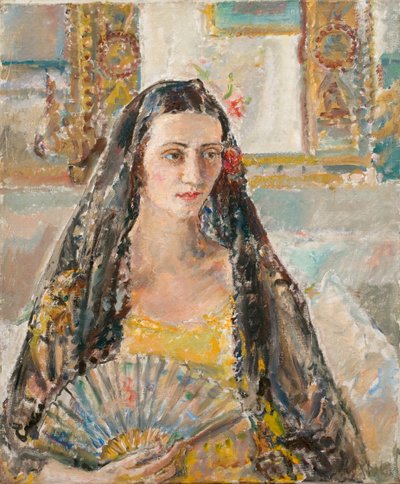 Dame med vifte, exh. 1926 (olie på lærred) af Ethel Walker