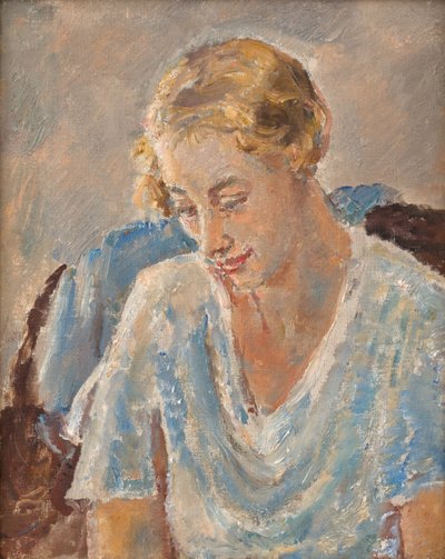 Portræt af en kvinde i blåt (olie på lærred) af Ethel Walker