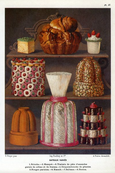 Kager varierer: brioche, mangel, pauker af mandelmasse toppet med fløde og jordbær, croquenbouche de genoise, parisisk nougat, kiks, sultan, bretonsk - tallerken nr. 2 fra konditoribogen af Jules Gouffe, officer de bouche du Jockey-Club de Paris (kap af Etienne (after) Ronjat