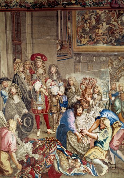 Besøg af Ludvig XIV til Manufacture des Gobelins i nærværelse af Jean Baptiste (Jean-Baptiste) Colbert (1619-1683) (i profil, til højre for kongen) og maleren Charles Lebrun (Le Brun) (1619-1690) ), 15. oktober af Etienne (studio of) Le Blond