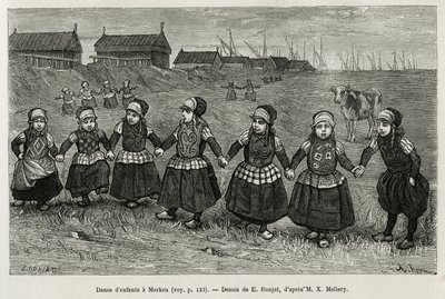 Børnedanse i Marken (Holland), gravering efter en tegning af E. Ronjat, for at illustrere historien om Neerlande, af Charles de Coster, i 1878, udgivet i tour du monde, under ledelse af Edouard Charton af Etienne Antoine Eugene Ronjat