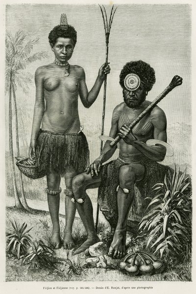 Fijian par. Gravering af E.Ronjat til illustration af historien Promenades en Oceanie, af Aylic Marin, i le tour du monde 1887, instrueret af Edouard Charton (1807-1890), Hachette, Paris. af Etienne Antoine Eugene Ronjat
