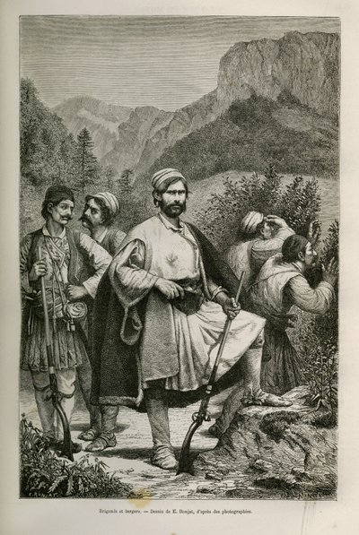Græske soldater og hyrder, medskyldige i bjergene, tegning af E.Ronjat, for at illustrere historien om Henri Belle: Rejsen til Grækenland af Etienne Antoine Eugene Ronjat