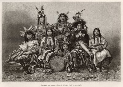 Indiske krigere og deres koner (Texas). Gravering efter tegningen af E.Ronjat, for at illustrere historien La conquete blanche, af William Hepworth Dixon, i 1875, udgivet i "" Le tour du monde""" 1876, redigeret af Edouard Charton, Hachette-udgaven, Paris. af Etienne Antoine Eugene Ronjat