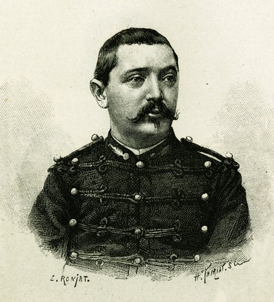 Portræt af kaptajn Pietri, af flådeartilleriet, under ekspeditionen til Afrika 1879-1882, under kommando af Gallieni. Gravering af E. Ronjat, fra et fotografi, for at illustrere historien "Exploration du Haut Niger (Haut Niger)" (nuværende Mali) af af Etienne Antoine Eugene Ronjat
