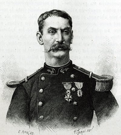 Portræt af kommandør Joseph Gallieni under ekspeditionen i Afrika (1879-1882). Gravering af E. Ronjat efter et fotografi, for at illustrere historien "Exploration du Haut Niger (Haut Niger)" (nuværende Mali) af kommandør Joseph Gallieni (1849-1916) fra th. af Etienne Antoine Eugene Ronjat