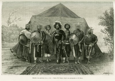 Portræt af prins Menelik II af Etiopien (1844-1913), omgivet af hans generaler. Gravering af Ronjat, efter et fotografi, for at illustrere historien Voyage au Choa (Abyssinie meridionale) af Etienne Antoine Eugene Ronjat