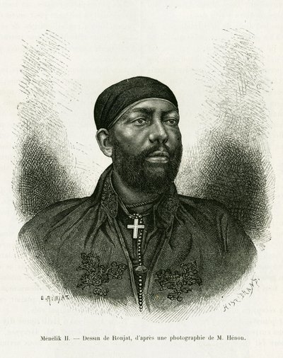Portræt af prins Menelik II af Etiopien (1844-1913). Gravering af Ronjat, efter et fotografi, for at illustrere historien Voyage au Choa (Abyssinie meridionale) af Etienne Antoine Eugene Ronjat