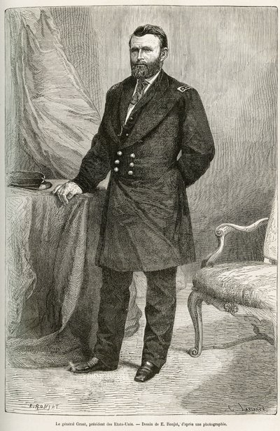 Portræt af Ulysses Grant (1822-1885), amerikansk general, leder af unionstropper under løsrivelseskrigen og 18. præsident for USA (USA) i to valgperioder fra 1869 til 1877. Indgravering efter tegningen af E.Ronjat, til illustrere stoen af Etienne Antoine Eugene Ronjat