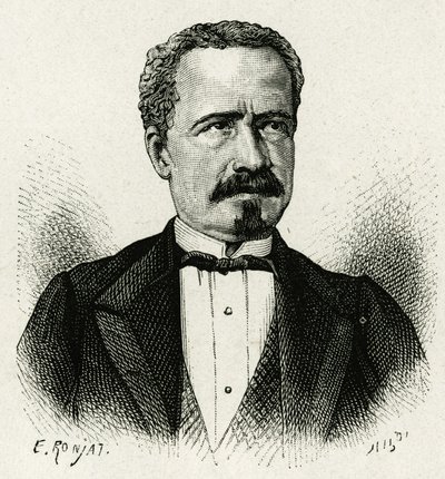 Portræt af Ecuadors præsident fra 1875 til 1876, Don Antonio Borrero. Gravering af E.Ronjat, efter et fotografi, for at illustrere historien "The Equinoxiale America"" af Etienne Antoine Eugene Ronjat