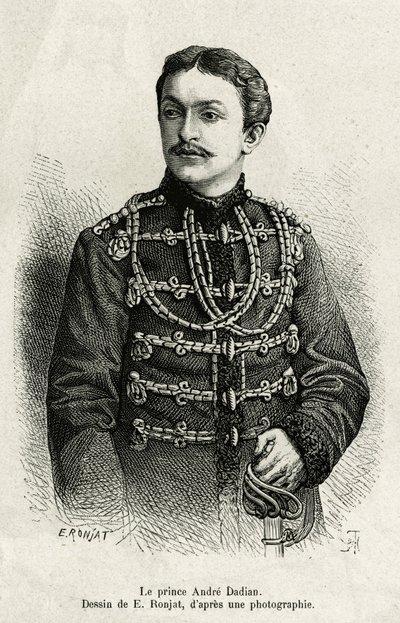 Prins Andre Dadian af Mingrelie (1850-1910), general for den russiske hær og skakmester. Indgravering af E. Ronjat, for at illustrere historien Un tour en Mingrelie (region i Georgien, der strækker sig mellem Kaukasus og Rion), af Carla Serena, i 1876-187 af Etienne Antoine Eugene Ronjat