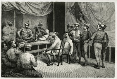 Modtagelse af rejsende i paladset til sultanen af Soulou (eller Sulu) (Filippinernes øgruppe), Mohammed Yamalul Alam. Gravering af E.Ronjat, for at illustrere historien "" Rejsen til Filippinerne"" af Etienne Antoine Eugene Ronjat