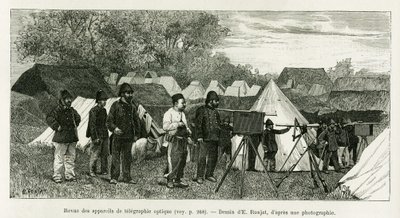 Gennemgang af optisk telegrafi apparater. Gravering af E.Ronjat, for at illustrere historien Trente mois au Tonkin, i 1884, af læge Paul Hocquard, i le tour du monde 1890, under ledelse af Edouard Charton (1807-1890), Hachette, Paris. af Etienne Antoine Eugene Ronjat