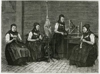 Sondernach spredere, beskrivelse af de forskellige stadier af spinding, hånd, spindel og spindel. Gravering af E.Ronjat, for at illustrere historien "Atravers l