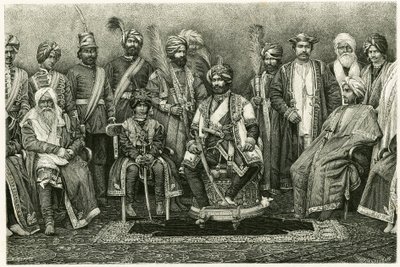 Kashmir maharajah, Rambhir Sing og hans hof. Gravering af E. Ronjat, for at illustrere historien "Portræt af en parisisk kvinde i det vestlige Himalaya", i 1881, af Marie de Ujfalvy-Bourdon (Ujfalvy Bourdon). Udgivet i Tour du monde, 2. semester af Etienne Antoine Eugene Ronjat