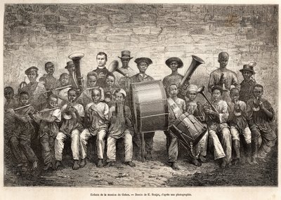 Bandet af børnene fra Gabon-missionen. Gravering efter tegningen af E. Ronjat, til illustration af krydstogtet på Afrikas kyst, af viceadmiral Fleuriot de Langle, i 1868, udgivet i "" Le tour du monde"" 1876, redigeret af Edouard Charton, Hachet af Etienne Antoine Eugene Ronjat