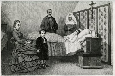 Lægekonsultationen på Logelbach hospice. Gravering af E.Ronjat, for at illustrere historien "Gennem Alsace og Lorraine", i 1884, af Charles Grad (1842-1890), tysk deputeret, forfatter og naturforsker. Udgivet i Le Tour du monde, nouveau journal d af Etienne Antoine Eugene Ronjat