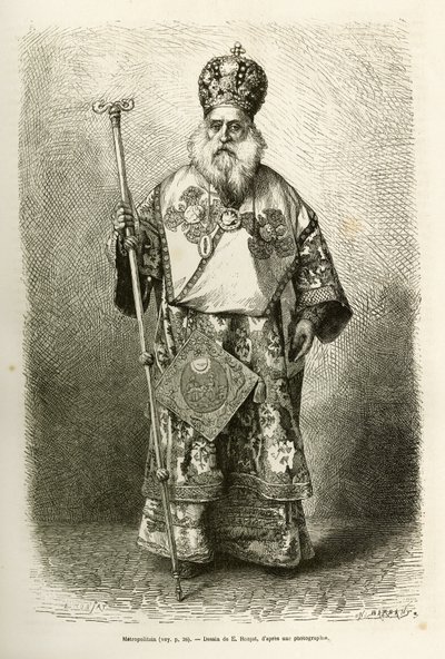 Metropolitan eveque af den nye katedral i Athen. Gravering efter tegningen af E. Ronjat, til illustration af rejsen til Grækenland, af Henri Belle, i 1861-1868-1874, udgivet i "" Le tour du monde""" 1876, redigeret af Edouard Charton, Hachette-udgaven, af Etienne Antoine Eugene Ronjat