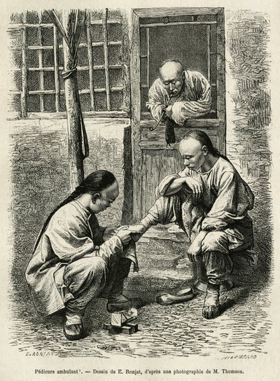 Vandrende pedicure, en almindelig scene i hverdagen i kinesiske byer. Gravering efter tegningen af E. Ronjat, til illustration af rejsen til Pekin og Nordkina, af T.Choutze, i 1873, udgivet i "" Le tour du monde""" 1876, redigeret af Edouard Charton af Etienne Antoine Eugene Ronjat