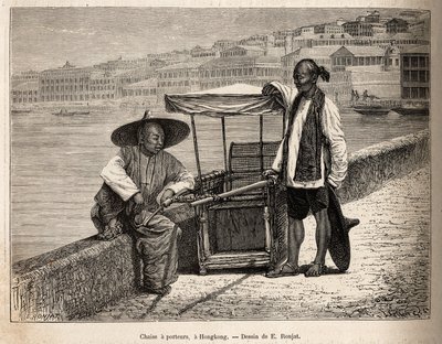 To hvilende bærere ved siden af deres kørestol i Hong Kong, gravering efter en tegning af E. Ronjat, der illustrerer rejsen til Kina, af J. Thompson, i 1870-1872, udgivet i "" Le tour du monde""" 1875, redigeret af Edouard Charton, Hachette-udgaven, Paris. af Etienne Antoine Eugene Ronjat