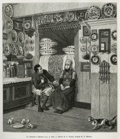 Un interieur à Marken (Pays Bas), gravering efter en tegning af E. Ronjat, for at illustrere historien om Neerlande, af Charles de Coster, i 1878, udgivet i tour du monde, under ledelse af Edouard Charton af Etienne Antoine Eugene Ronjat