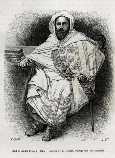 portræt af Abd El Kader (1808-1883) algerisk emir og sultan, sufiteolog, politiker og militær modstand mod den franske kolonihær, også forfatter, digter og filosof. Gravering af E.Ronjat, for at illustrere historien La Syria d