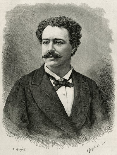 portræt af forfatteren og rejsende Edmondo de Amicis (1846-1908), italiensk forfatter, gravering af E.Ronjat, for at illustrere historien om Marokko af Edmondo de Amicis, i 1875, udgivet i tour du monde, under ledelse af Edouard Charton af Etienne Antoine Eugene Ronjat