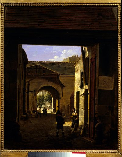 Gården til et kørehus i rue Saint Denis kendt som gården Sainte Catherine Scene i 1. arrondissement i Paris. Maleri af Etienne Bouhot (1780-1862) 1832 søn. 0,27x0,22 m Paris, Musee Carnavalet. af Etienne Bouhot