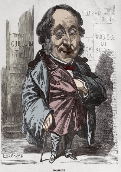 Portræt af Gioachino (Gioacchino) Rossini (1792-1868), Karikatur af Etienne Carjat - Etienne Carjat (1928-1906), portrætladning af Rossini for Diogene, efter Nadar, 21. december 1856 digital farvelægning af Etienne Carjat